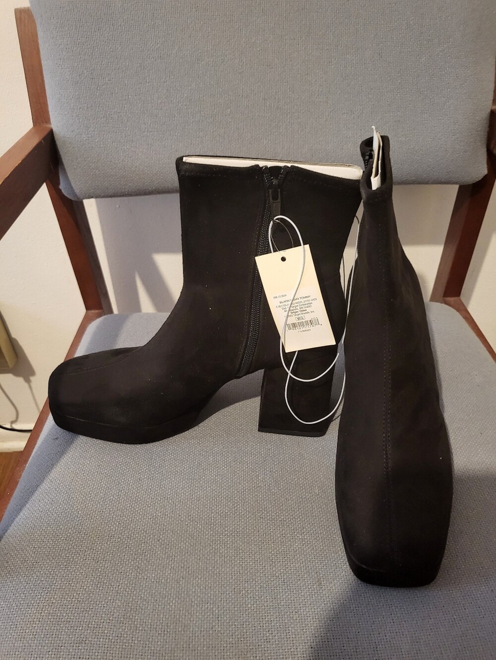 a new day Black Suede Square Toe Block Heel Ankle Boots